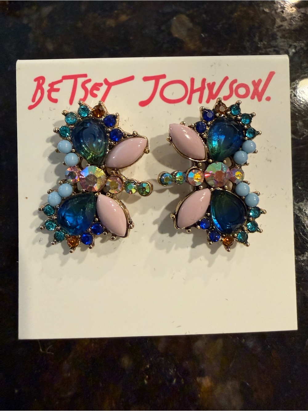 Betsey Johnson Rhinestone Crystal Blue/Pink Stud Butterfly Jewelry Earrings NWT